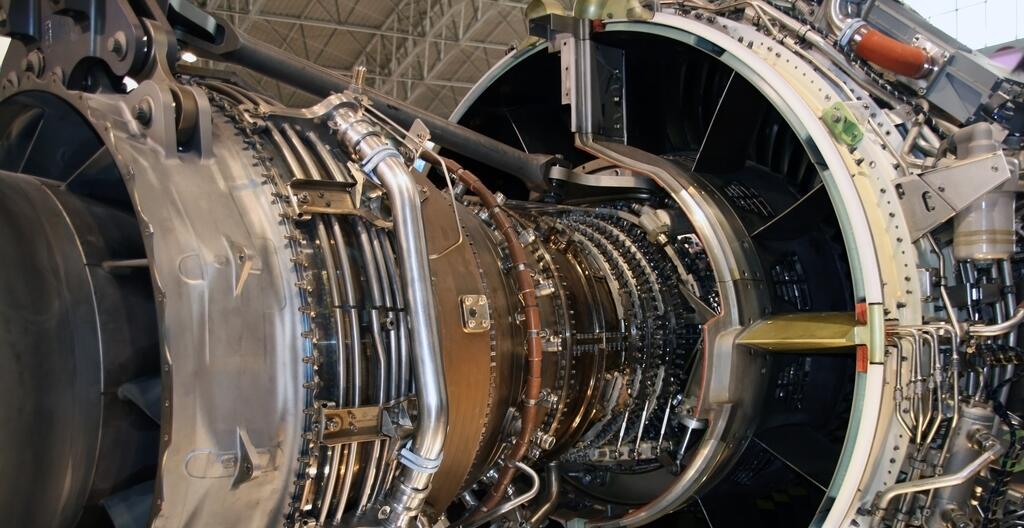 A jet engine with internals exposed