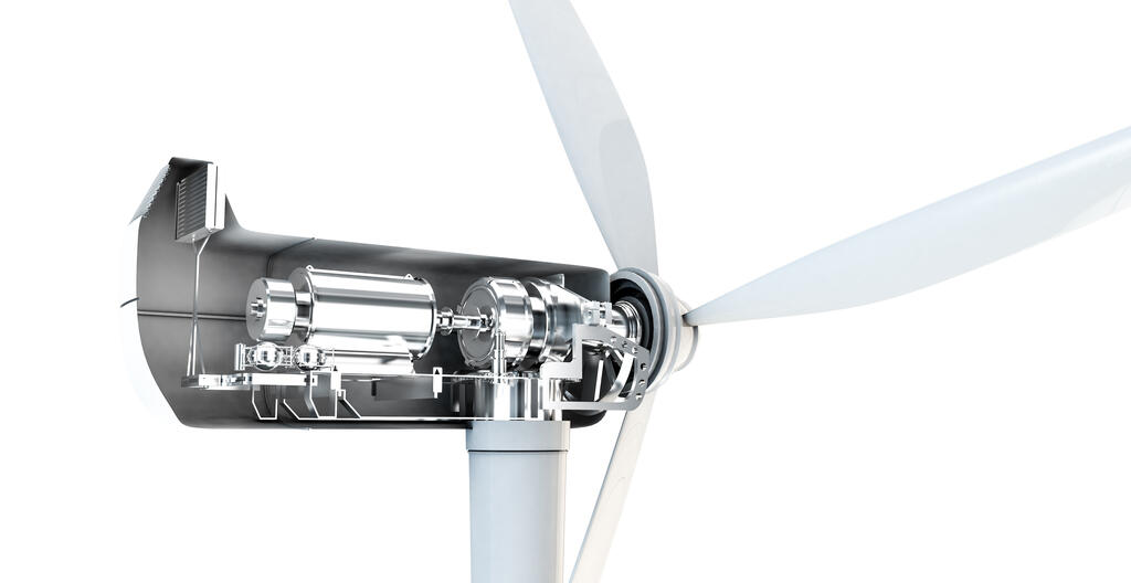 A 3D render of a wind turbine gearbox
