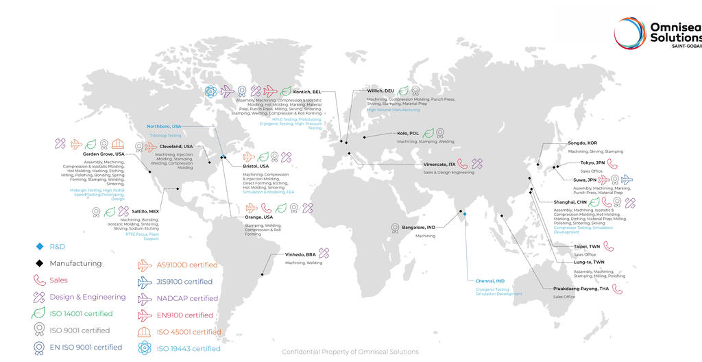 A map of the world in grey with icons in various locations donating the different certifications at each of the Omniseal Solutions Manufacturing, Sales and R&D facilities