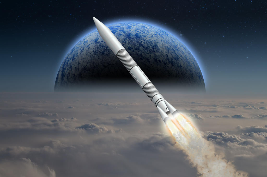 A rocket rising above clouds with a blue planet in the background