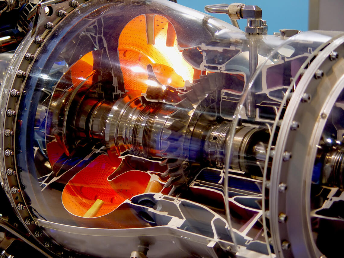A jet engine with the interior exposed