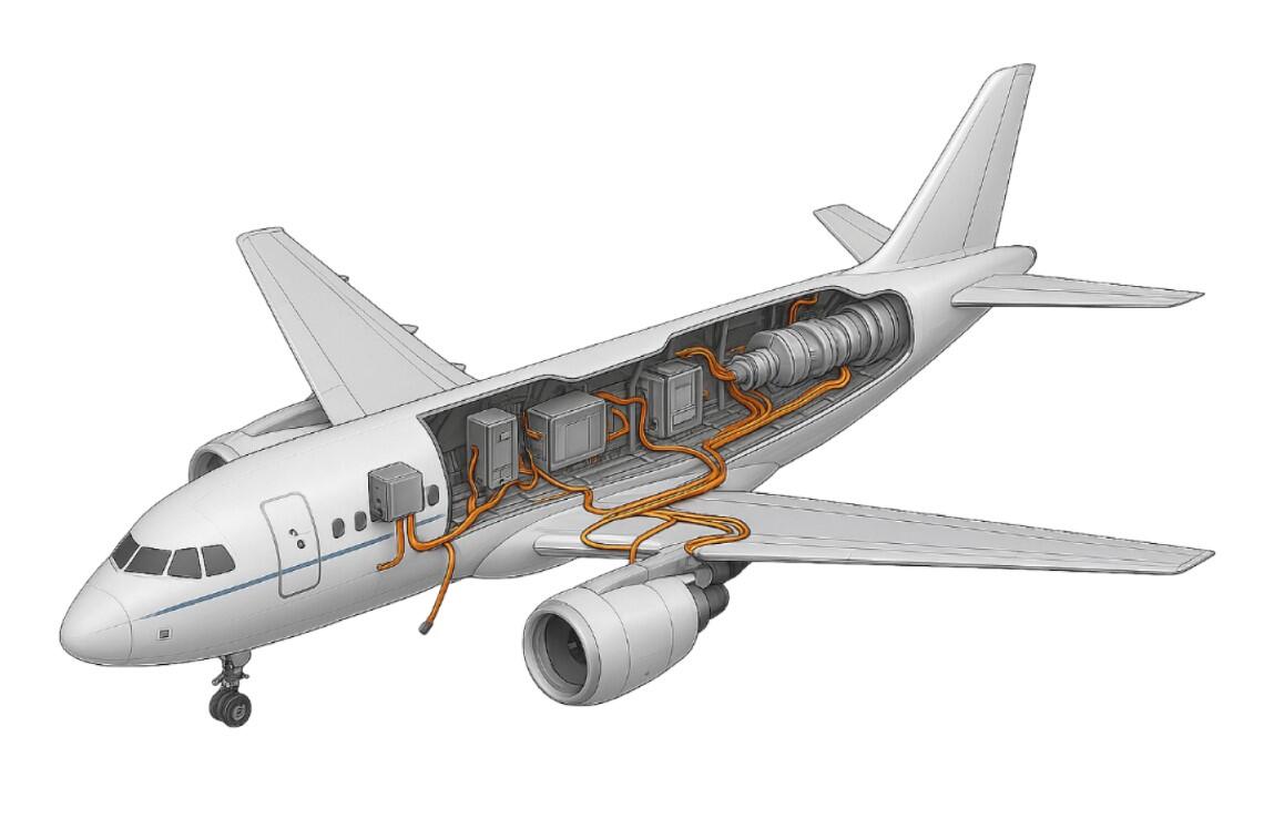 A three-dimensional view of the internals of an airplane on a white background, highlighting its intricate components and engineering details