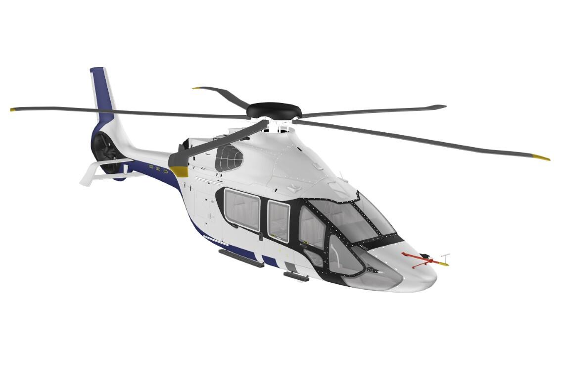 A white and blue helicopter is depicted isolated on a white background, highlighting its modern appearance and aerodynamic shape.