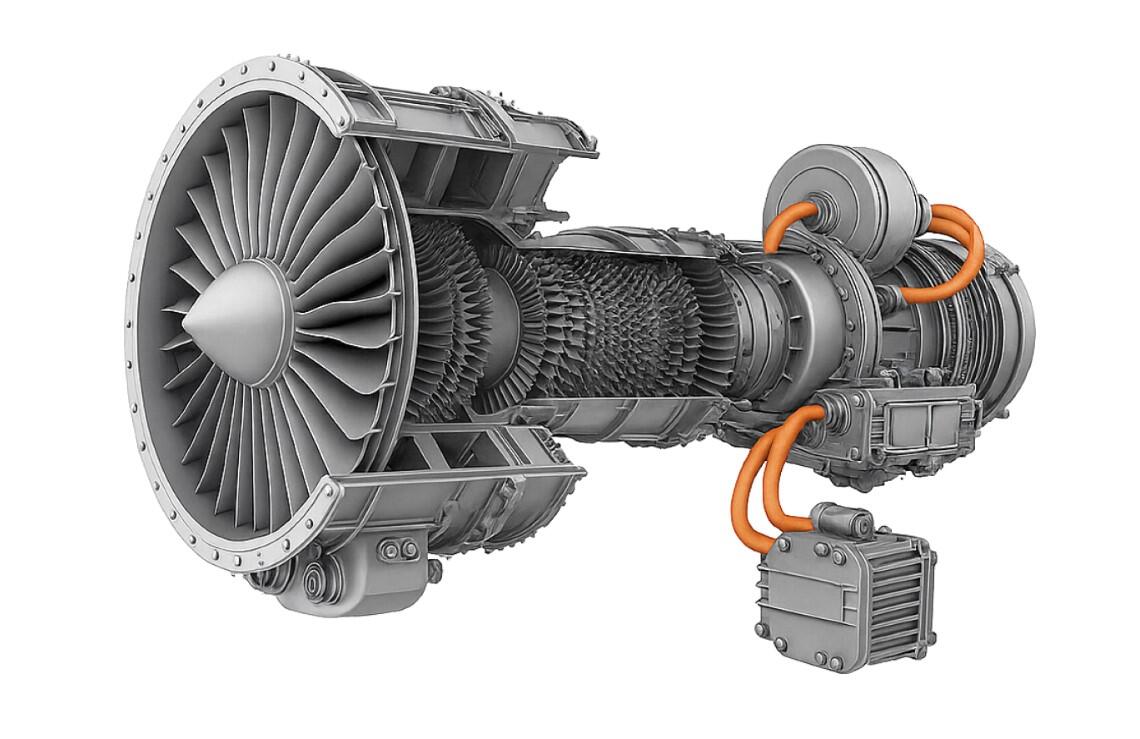 A hybrid electric engine isolated on a white background, showcasing the different sealing, wear & friction control solutions provided by Omniseal Solutions