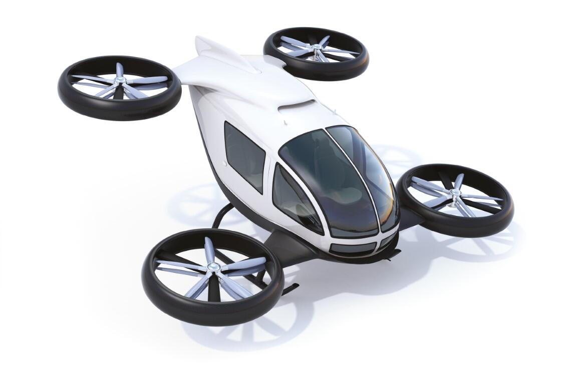 An EVTOL aircraft isolated on a white background with orange buttons to showcase some of the sealing, wear & friction control solutions from Omniseal Solutions