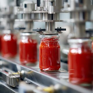 A conveyor belt carrying jars of tomato sauce, showcasing the chemical resistance and FDA compliance of rotary lip seals in packaging.