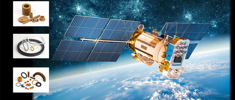 A satellite orbiting Earth next to images of Saint Gobain products used in the aerospace industry