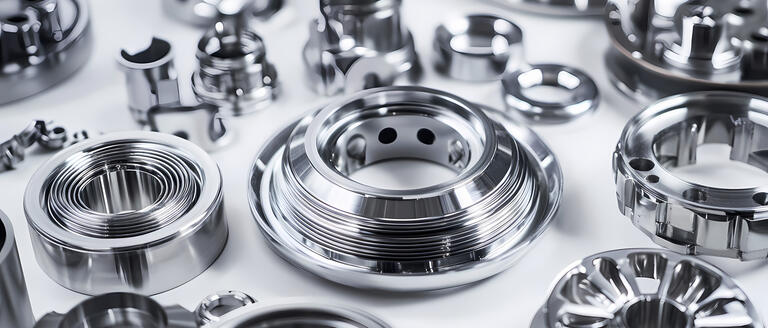 Several metal components positioned on a white surface, demonstrating alternatives to high performance polymer material components.