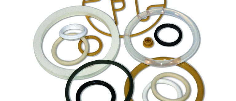 Assorted high-performance polymer O-rings in multiple sizes and shapes, set against a white background.