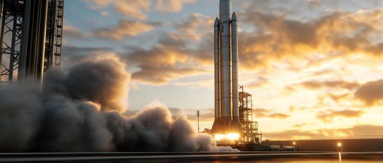 A rocket launches into the sky, leaving a trail of smoke against a clear blue backdrop, showcasing Meldin® Thermoplastics solutions in action