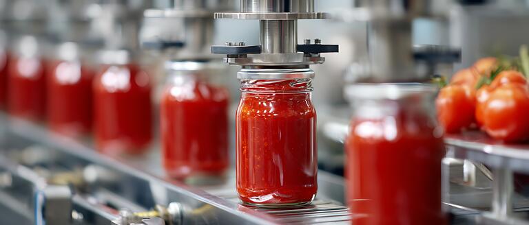 A conveyor belt carrying jars of tomato sauce, showcasing the chemical resistance and FDA compliance of rotary lip seals in packaging.