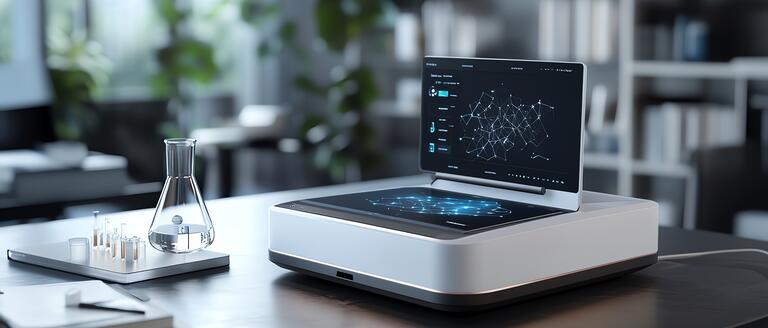 A modern computer and chemical beaker atop a desk. The screen shows a chemical compound, showcasing the concept of chemical compatibility in a professional space.
