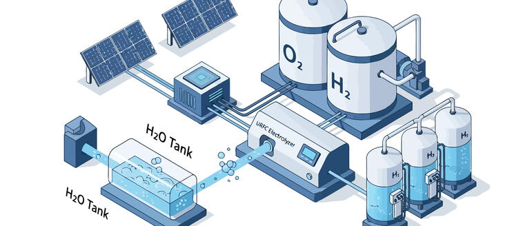 Visual representation of hydrogen production from water, highlighting the electrolysis process.