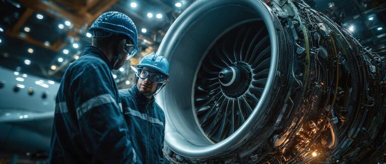 Two men in hard hats inspecting an airplane engine, ensuring compliance with aerospace standards.