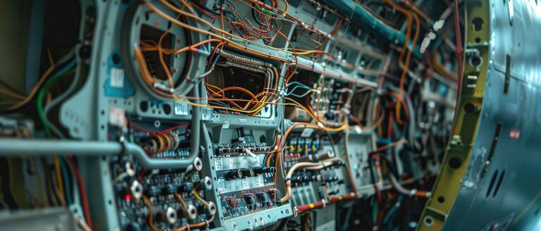 Detailed view of electronics and wiring within an airplane fuselage, highlighting complex aircraft systems.