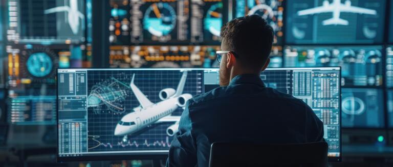 A man seated at a desk with several screens showing different aircraft, highlighting aerodynamic design features.