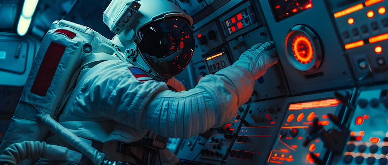 Astronaut in a space suit operates a control panel, showcasing advanced instrumentation in a space environment.