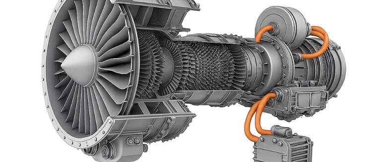 A hybrid electric engine isolated on a white background, showcasing the different sealing, wear & friction control solutions provided by Omniseal Solutions